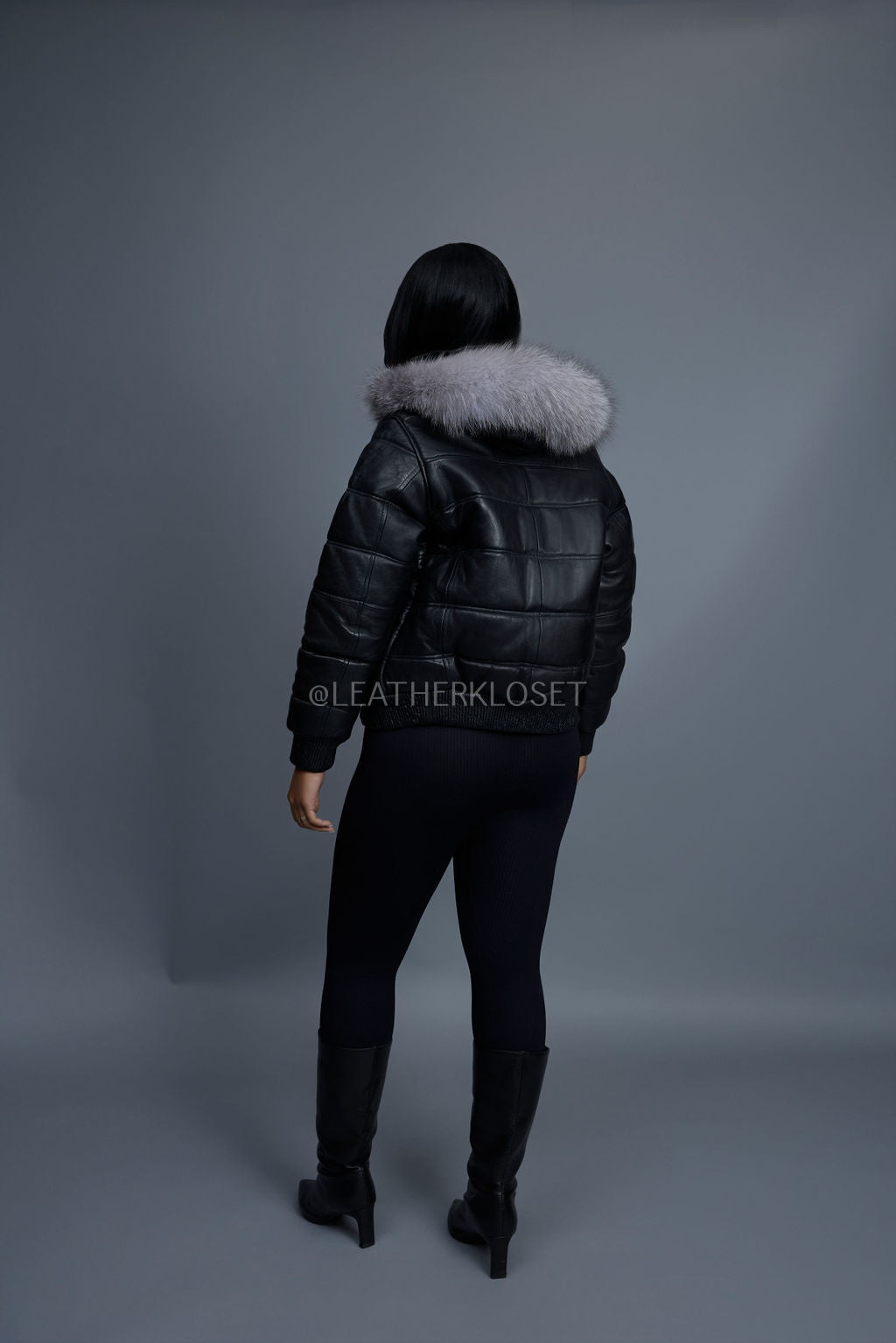 Women's Leather Snorkel Bomber Jacket [Black/Silver Fox]