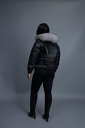 Women's Leather Snorkel Bomber Jacket [Black/Silver Fox]