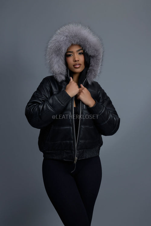 Women's Leather Snorkel Bomber Jacket [Black/Silver Fox]