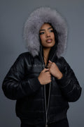 Women's Leather Snorkel Bomber Jacket [Black/Silver Fox]