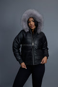 Women's Leather Snorkel Bomber Jacket [Black/Silver Fox]