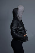 Women's Leather Snorkel Bomber Jacket [Black/Silver Fox]