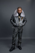 Men's Space Grey Jacket With Leather Stack Pants