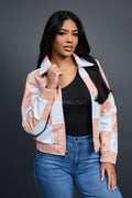 Women's Checkmate Leather Bomber Jacket [Baby Pink/White]