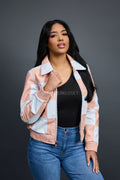 Women's Checkmate Leather Bomber Jacket [Baby Pink/White]