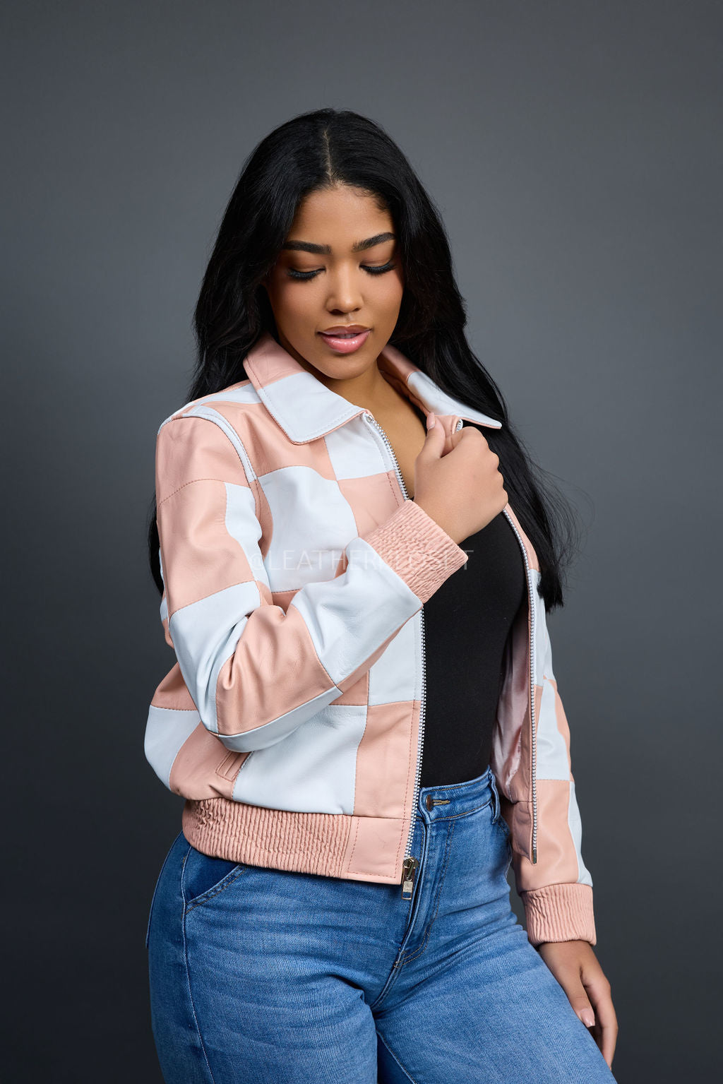 Women's Checkmate Leather Bomber Jacket [Baby Pink/White]