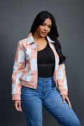 Women's Checkmate Leather Bomber Jacket [Baby Pink/White]