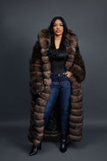 Women's Long Length Fox Fur Trench Coat With Hood [Brown]