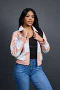 Women's Checkmate Leather Bomber Jacket [Baby Pink/White]