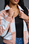 Women's Checkmate Leather Bomber Jacket [Baby Pink/White]