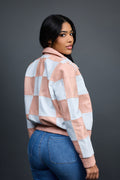 Women's Checkmate Leather Bomber Jacket [Baby Pink/White]