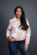 Women's Checkmate Leather Bomber Jacket [Baby Pink/White]