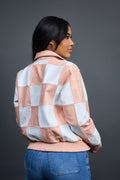 Women's Checkmate Leather Bomber Jacket [Baby Pink/White]