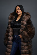 Women's Long Length Fox Fur Trench Coat With Hood [Brown]