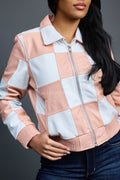 Women's Checkmate Leather Bomber Jacket [Baby Pink/White]