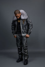 Men's Space Grey Jacket With Leather Stack Pants