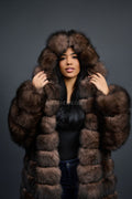 Women's Long Length Fox Fur Trench Coat With Hood [Brown]