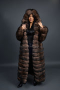 Women's Long Length Fox Fur Trench Coat With Hood [Brown]