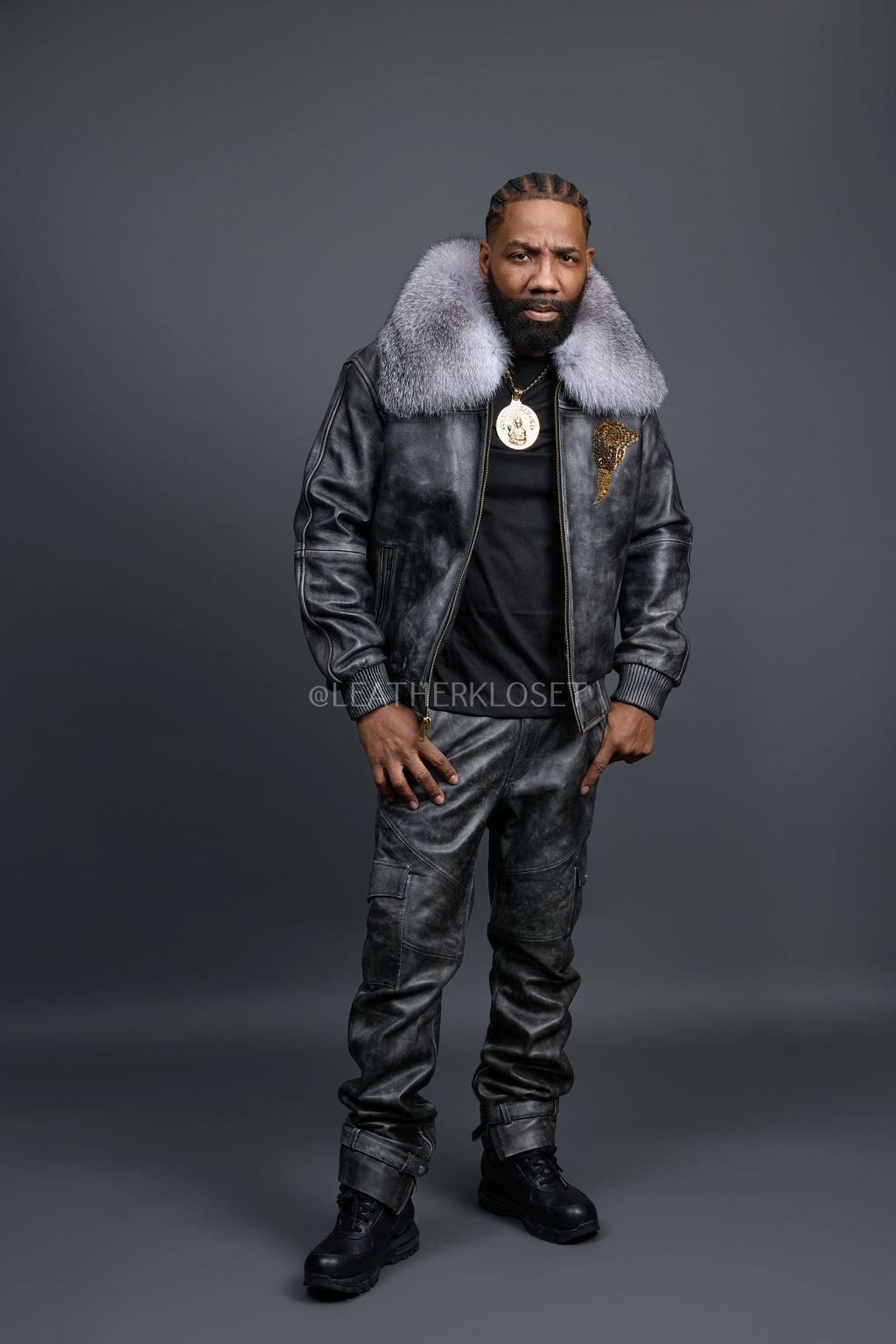 Men's Space Grey Jacket With Leather Stack Pants