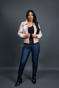 Women's Checkmate Leather Bomber Jacket [Baby Pink/White]