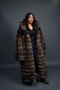 Women's Long Length Fox Fur Trench Coat With Hood [Brown]