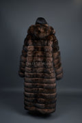 Women's Long Length Fox Fur Trench Coat With Hood [Brown]