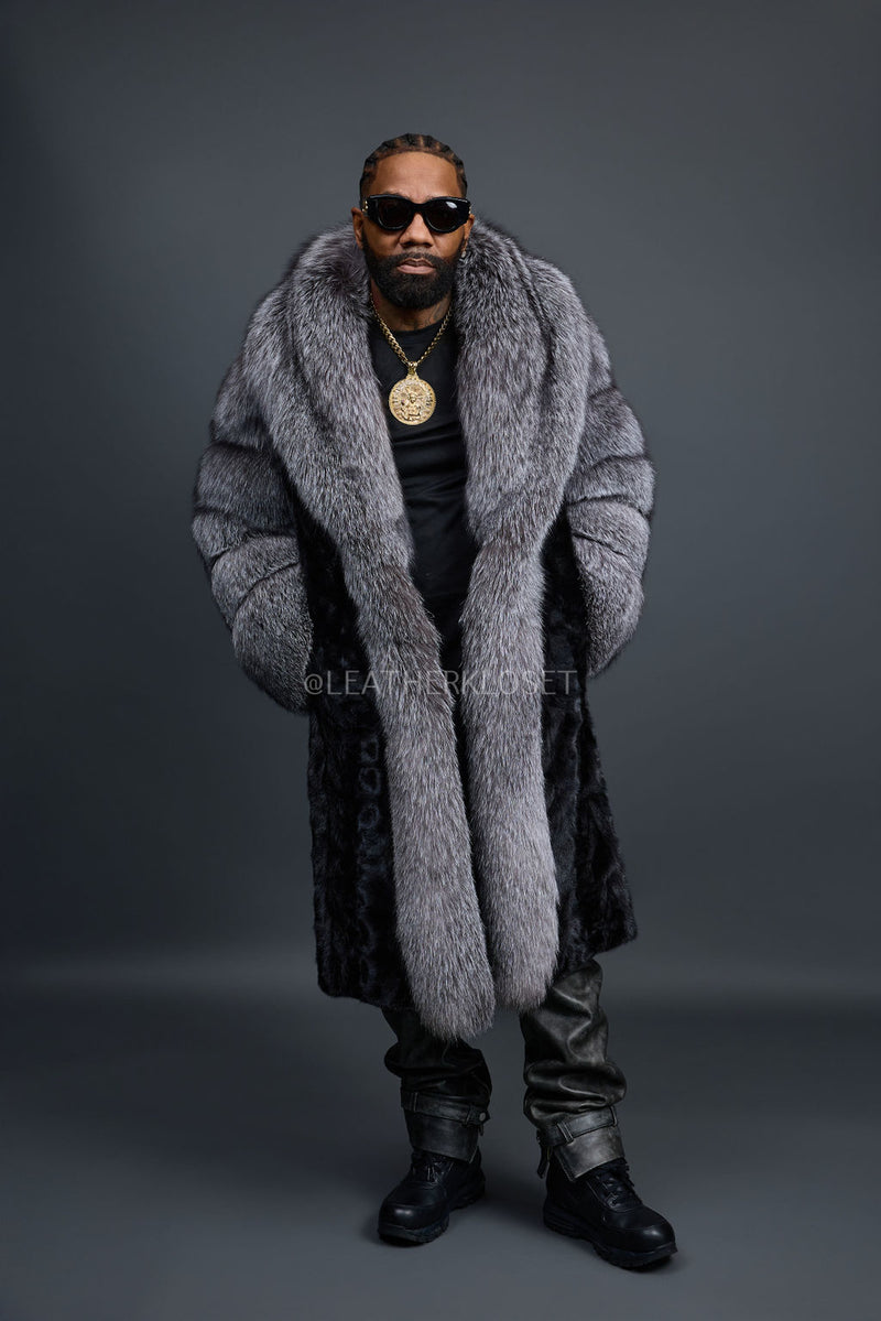 Men's Frank Mink Trench With Fox Collar [Black/Silver]