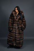 Women's Long Length Fox Fur Trench Coat With Hood [Brown]