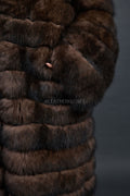 Women's Long Length Fox Fur Trench Coat With Hood [Brown]