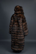 Women's Long Length Fox Fur Trench Coat With Hood [Brown]