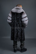 Men's Frank Mink Trench With Fox Collar [Black/Silver]