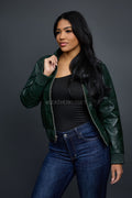 Women's Checkmate Leather Bomber Jacket [Forest Green]