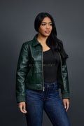 Women's Checkmate Leather Bomber Jacket [Forest Green]