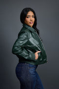 Women's Checkmate Leather Bomber Jacket [Forest Green]