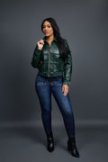 Women's Checkmate Leather Bomber Jacket [Forest Green]