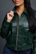 Women's Checkmate Leather Bomber Jacket [Forest Green]