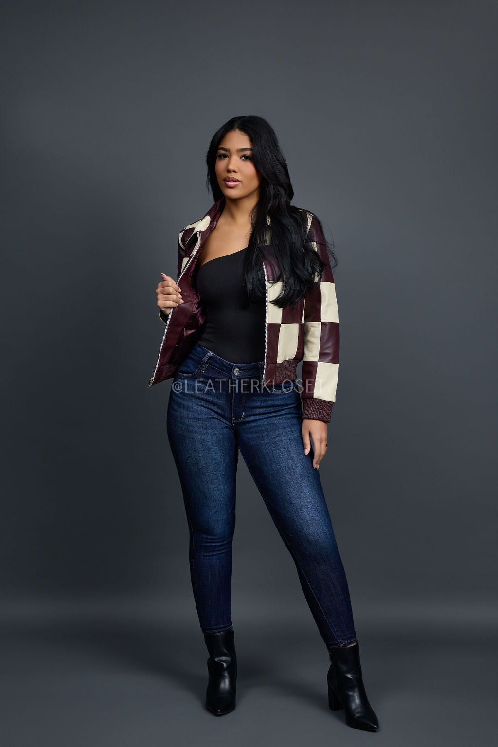 Women's Checkmate Leather Bomber Jacket [Burgundy/Beige]