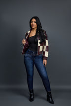 Women's Checkmate Leather Bomber Jacket [Burgundy/Beige]