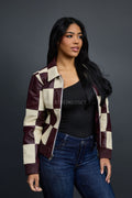 Women's Checkmate Leather Bomber Jacket [Burgundy/Beige]