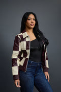 Women's Checkmate Leather Bomber Jacket [Burgundy/Beige]