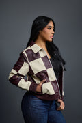 Women's Checkmate Leather Bomber Jacket [Burgundy/Beige]