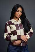 Women's Checkmate Leather Bomber Jacket [Burgundy/Beige]