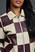 Women's Checkmate Leather Bomber Jacket [Burgundy/Beige]