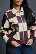 Women's Checkmate Leather Bomber Jacket [Burgundy/Beige]