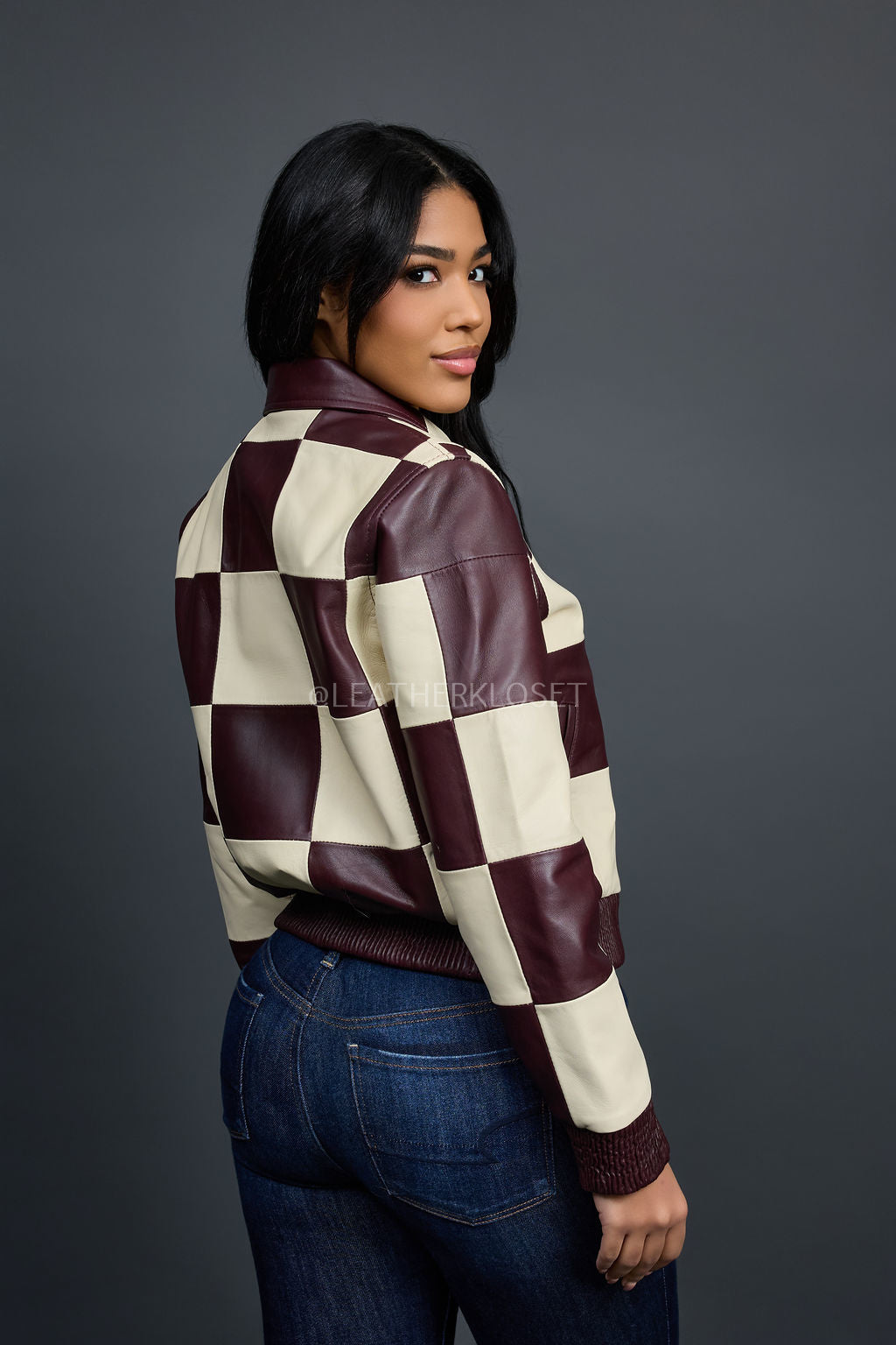Women's Checkmate Leather Bomber Jacket [Burgundy/Beige]