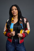 Women's Patchwork Leather Bomber Jacket [Multi]