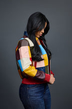 Women's Patchwork Leather Bomber Jacket [Multi]