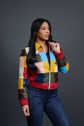 Women's Patchwork Leather Bomber Jacket [Multi]