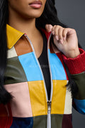 Women's Patchwork Leather Bomber Jacket [Multi]