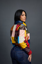Women's Patchwork Leather Bomber Jacket [Multi]